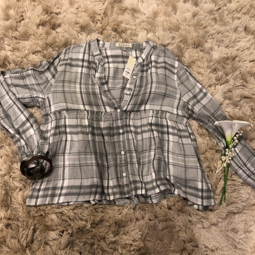 Grey Plaid Peplum Blouse 🌸